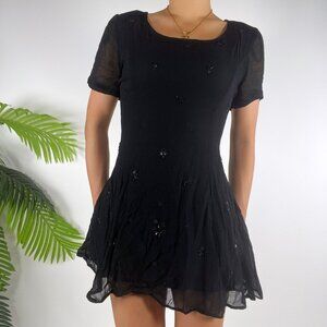 Vintage 90s Dorothy Perkins Black Silk Beaded Short Sleeve Mini Dress / Size S/M